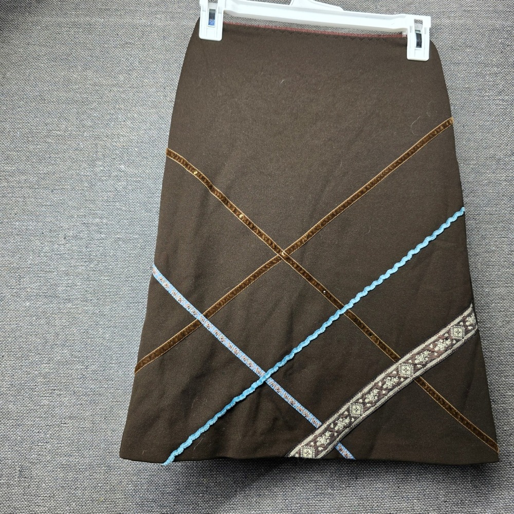 Monnalisa‎ Brown Ribbon Trim Midi Skirt Made in Italy Velvet Ric Rac Embroidered
